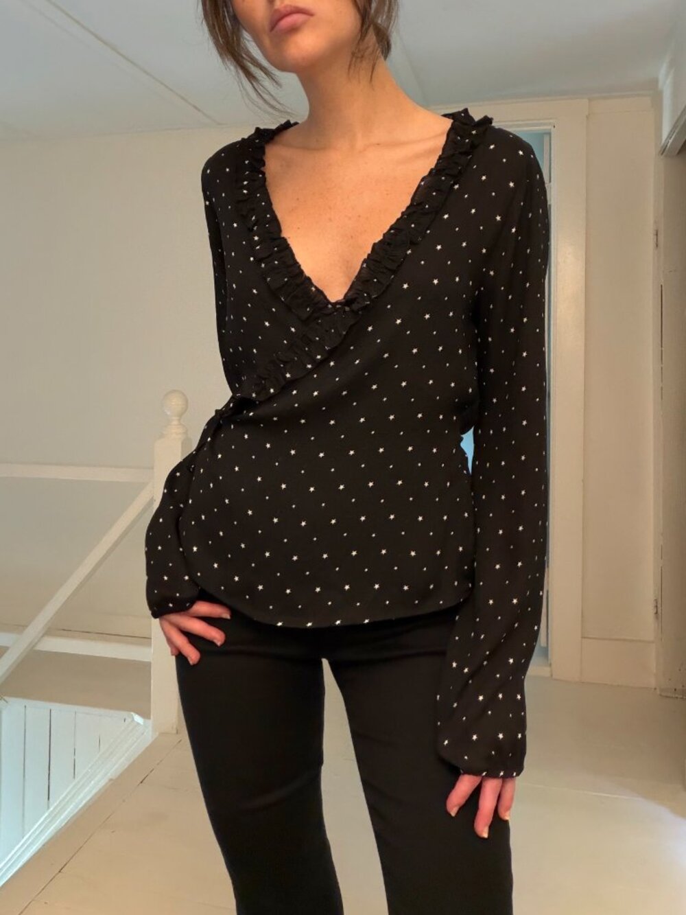 Superdown / Revolve Mireia Printed Ruffle Trim Wrap Top in Black Star Size S $76